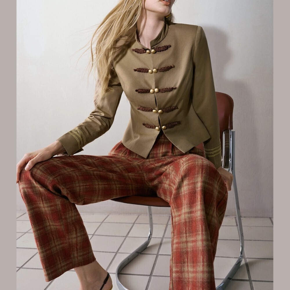 Olive Tan / Brown Braided Frog Button Stand Collar Military Jacket